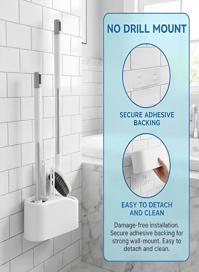 BELANO Toilet Brush Set, 3-in-1 Bathroom Cleaning Kit, Silicone TPR Brush and Stiff Bristle Brush with Tweezers, Wall-Mounted No-Drill Base, Deep Clean No Dead Ends, Anti-Drip Ventilated Holder, White - Image 3